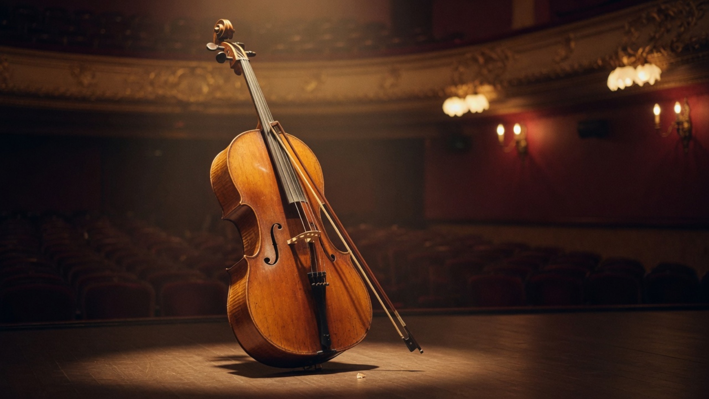 Cello standing in concert-hall light