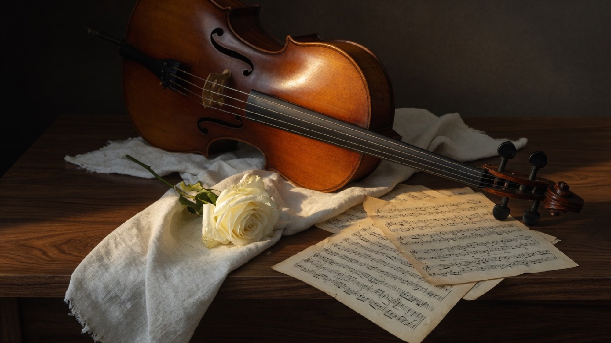 Cello with a white rose and manuscript pages