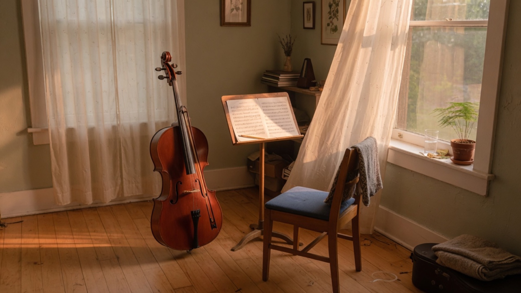 A private studio with cello, music stand, and afternoon light